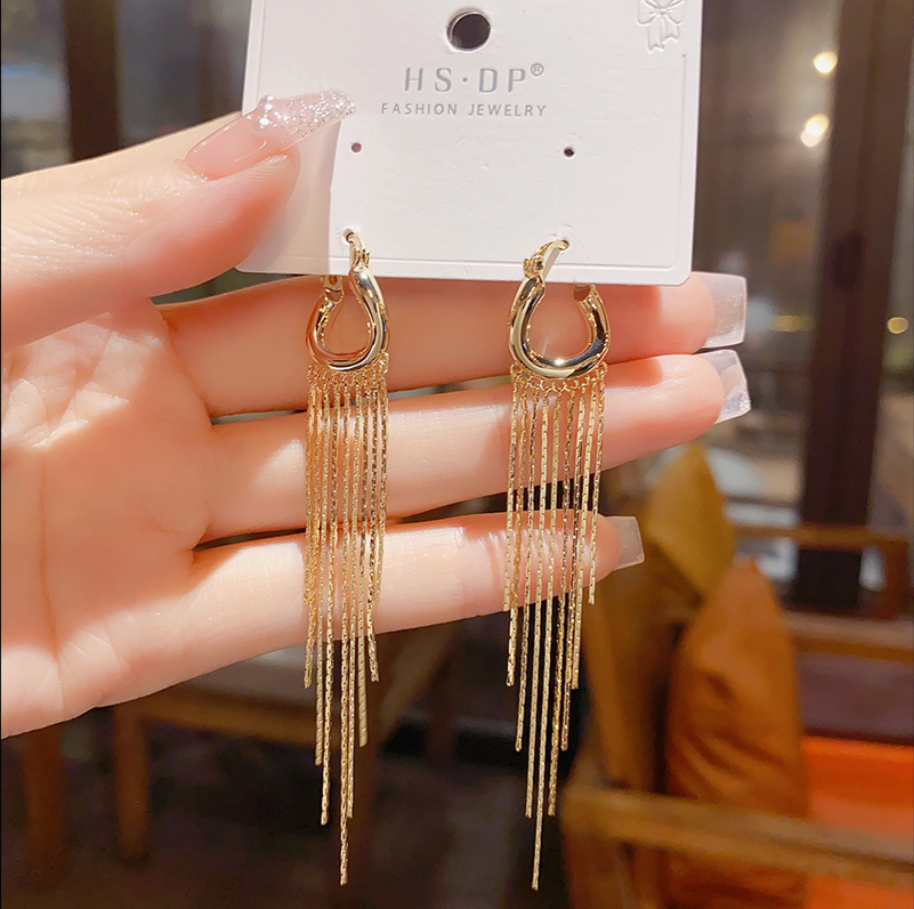Korean Dupin Geometric Long Tassel Earrings for Women – Gold & Silver Real Gold Plated