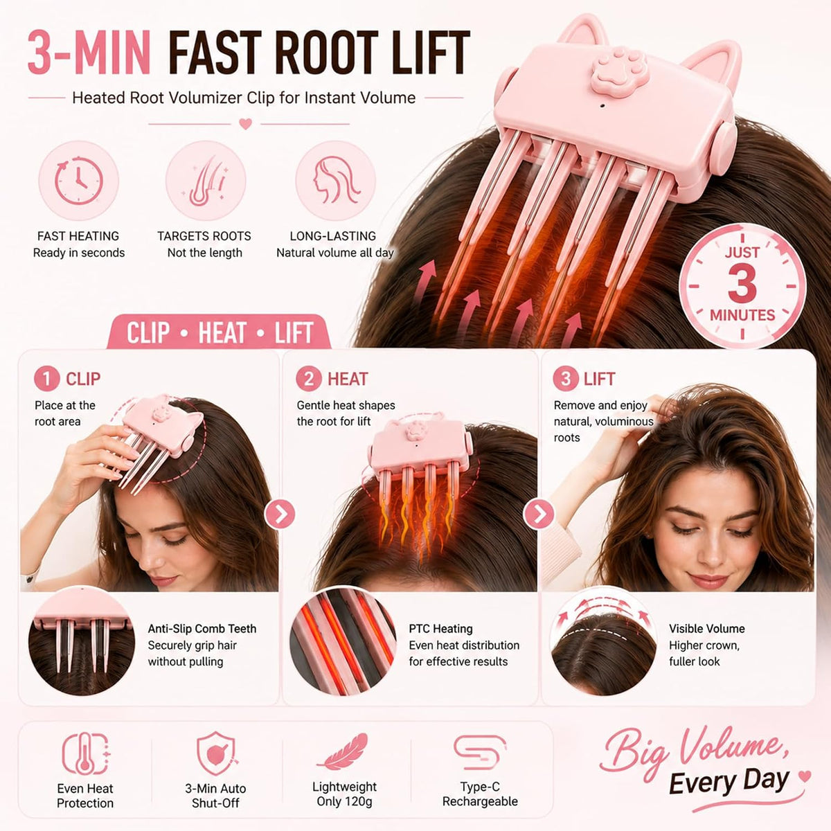 3-Minute Auto-Off Heated Hair Root Lifting Comb – Rechargeable Fluffy Hair Volumizer