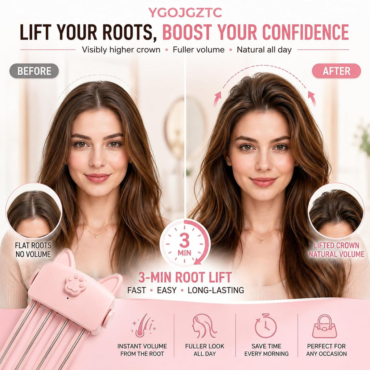 3-Minute Auto-Off Heated Hair Root Lifting Comb – Rechargeable Fluffy Hair Volumizer