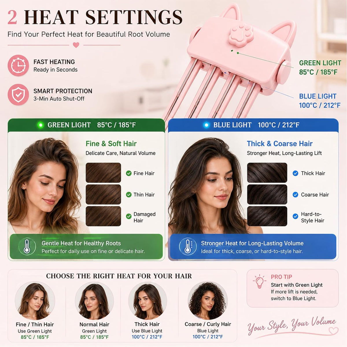 3-Minute Auto-Off Heated Hair Root Lifting Comb – Rechargeable Fluffy Hair Volumizer