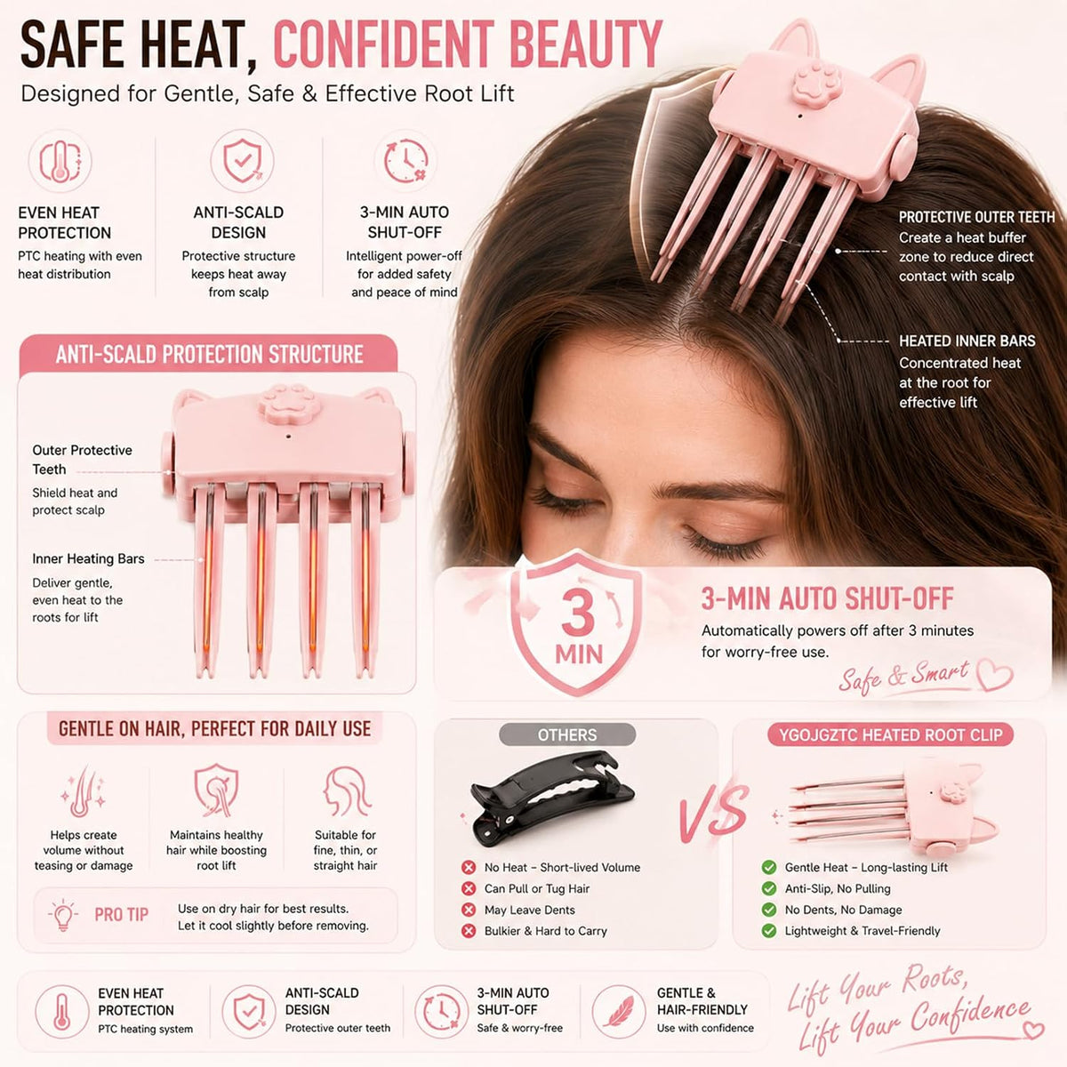 3-Minute Auto-Off Heated Hair Root Lifting Comb – Rechargeable Fluffy Hair Volumizer