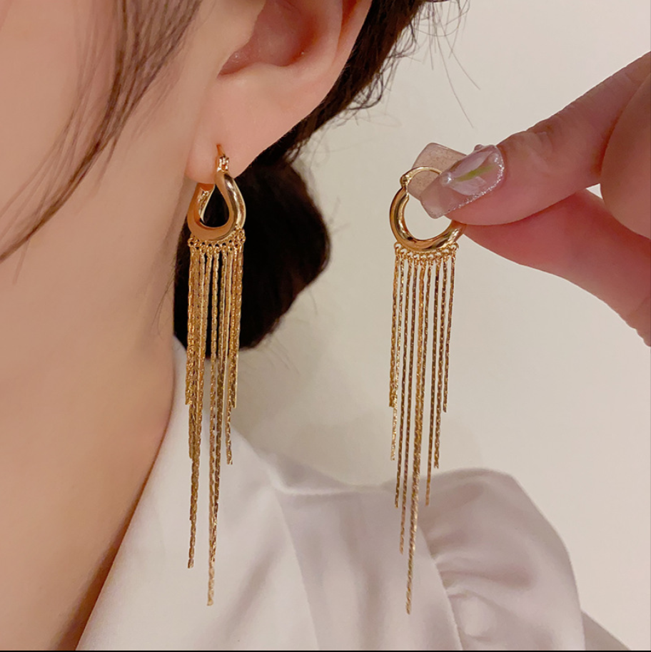Korean Dupin Geometric Long Tassel Earrings for Women – Gold & Silver Real Gold Plated